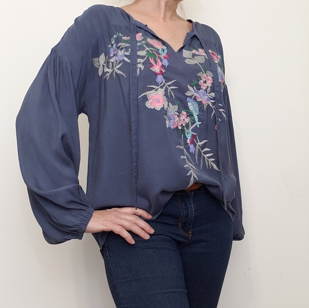 Embroidered Peasant Long Sleeve Blouse Floral Bird Blue/Gray